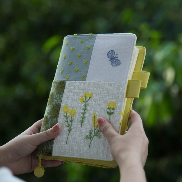 Embroidered Yellow Flower Stitch Fabric Journal Handmade Personalized Notebook with Leather Interior A5 A6 Blank Grid Lined White Pages 176P