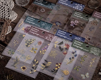Vintage Gold Foil Flower Stickers Decor Clear Flower Leave PET sticker Planner Bullet Journal Sticker Scrapbooking Phone Laptop Tiny Sticker