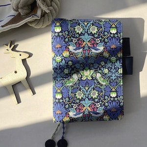 Vintage Long Fiber Cotton Notebook Cover Strawberry Flower and Bird Patterns Blue Background Handmade Journal Travelers Notebook Gift A5 A6
