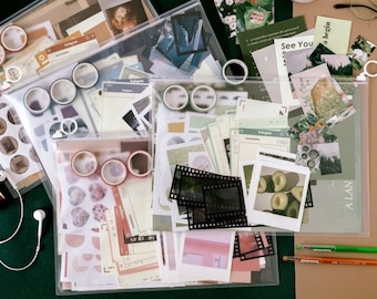 Retro Junk Journal Kit Planner Stickers Ephemera Journaling Paper Craft Vintage Paper Material Pack Washi Tape Scrapbooking Set of 64 items