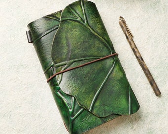 Lotus Leaf Travelers Notebook Handmade. Vintage Leather Cover Junk Journal Notebook Refillable. Sketchbook Diary with Blank Lined Pages 216P