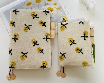 Daisy Embroidered Floral Notebook Cover, Fabric-Leather Travel Journal Lined Grid Blank Notebook, A5 A6 Notebook Handmade Diary Gift for Her