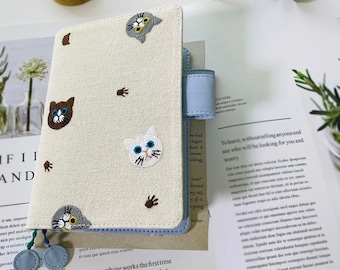 Cute Cat Notebook Fabric-Leather Covered Journal with Lined Grid Blank Pages 176P Handmade Planner Diary Notebook Gift for Kitten Pet Lover
