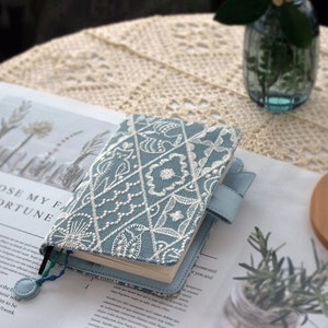 Symphony Embroidery Notebook Jacket A5 A6 Fabric Journal Leather Interior Nostalgic Coffee Blue Color Book Cover Housewarming Gift for Her