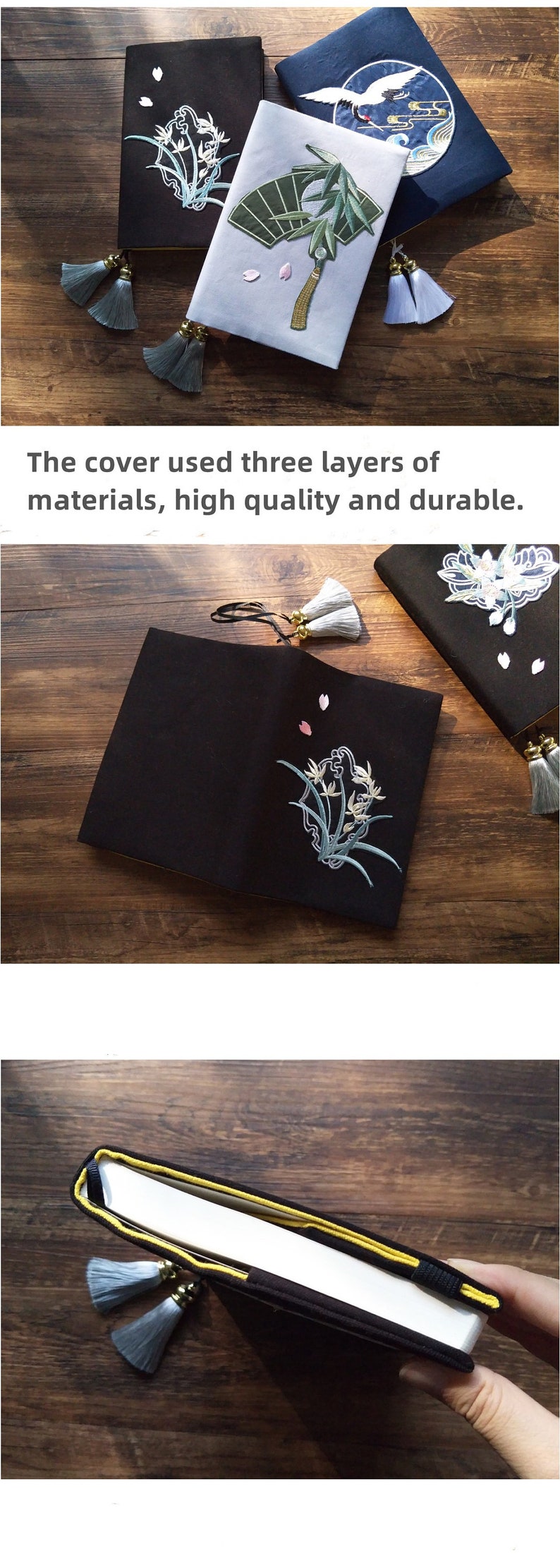 May include: Three different notebook covers with embroidered floral designs. The covers are made of a black fabric, a light gray fabric, and a dark blue fabric. Each cover has a tassel.