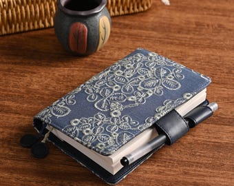 Blue Clover Embroidered Handmade Notebook Cover Elegant Fabric Journal Hobonichi Techo Cousin Weeks Cover A5 A6 B6 with Book Mark & Pen Loop