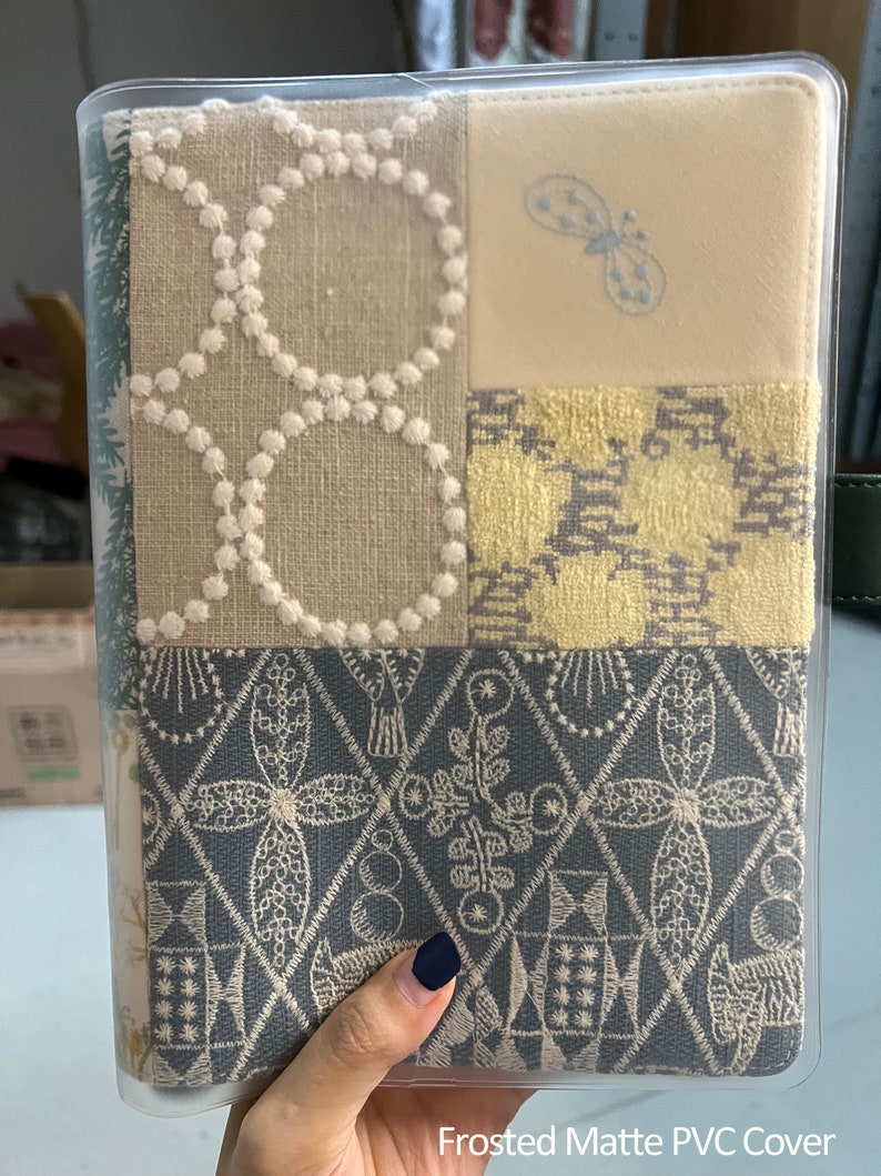 May include: A frosted matte PVC cover for a planner or notebook. The cover features a patchwork design with different patterns and textures, including a butterfly motif. The text "Frosted Matte PVC Cover" is printed at the bottom of the image.