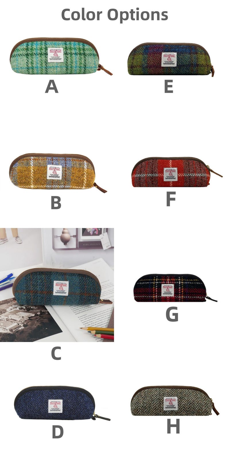 May include: A collection of eight pencil cases labeled A through H, each featuring a unique plaid or herringbone wool pattern, a brown zipper closure, and a white rectangular Harris Tweed brand label centered on the front of the pouch.