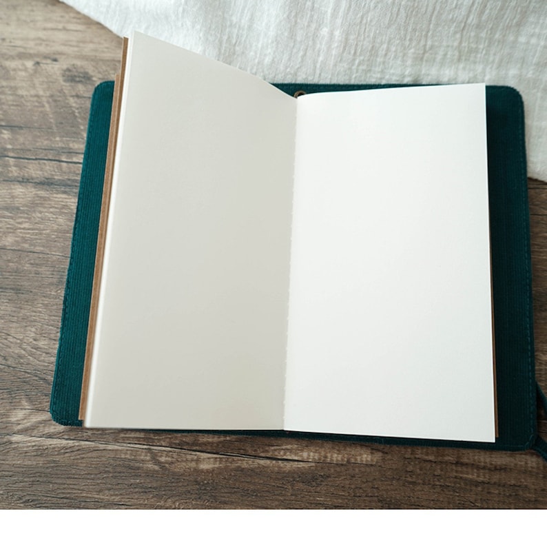 May include: An open, blank, green leather-bound journal with brown paper pages.