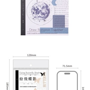 May include: A black and white sticker sheet with a butterfly design. The sticker sheet is 18.5 cm by 12 cm and features the text "Flying Butterfly Shadow" and "Draw Romance Together".
