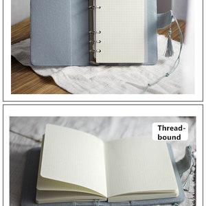 May include: Four images displaying two notebook styles: thread-bound and loose-leaf. The notebooks have pale blue covers and grid-lined paper. Each style is shown open, revealing the interior pages.