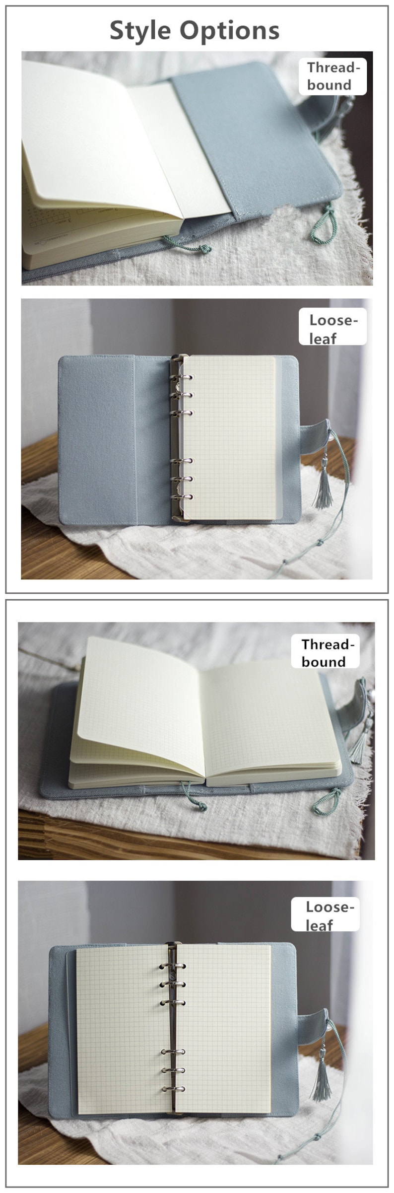 May include: Four images displaying two notebook styles: thread-bound and loose-leaf. The notebooks have pale blue covers and grid-lined paper. Each style is shown open, revealing the interior pages.