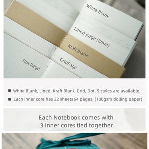 May include: A close-up of a notebook with three different inner core styles: white blank, lined, and kraft blank. The notebook also includes grid and dot styles. Each inner core has 32 sheets (64 pages) of 100gsm paper. The notebook is tied together with a teal fabric cover.