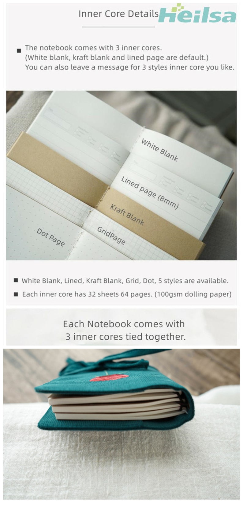 May include: A close-up of a notebook with three different inner core styles: white blank, lined, and kraft blank. The notebook also includes grid and dot styles. Each inner core has 32 sheets (64 pages) of 100gsm paper. The notebook is tied together with a teal fabric cover.