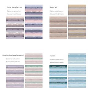 May include: A digital image showing four different sets of printable planner stickers. Each set has a different theme: Notre Dame De Paris, Asuka Set, How the Steel was Tempered, and Hamlet. Each set has five patterns, each pattern has four sheets, for a total of 20 sheets per set.