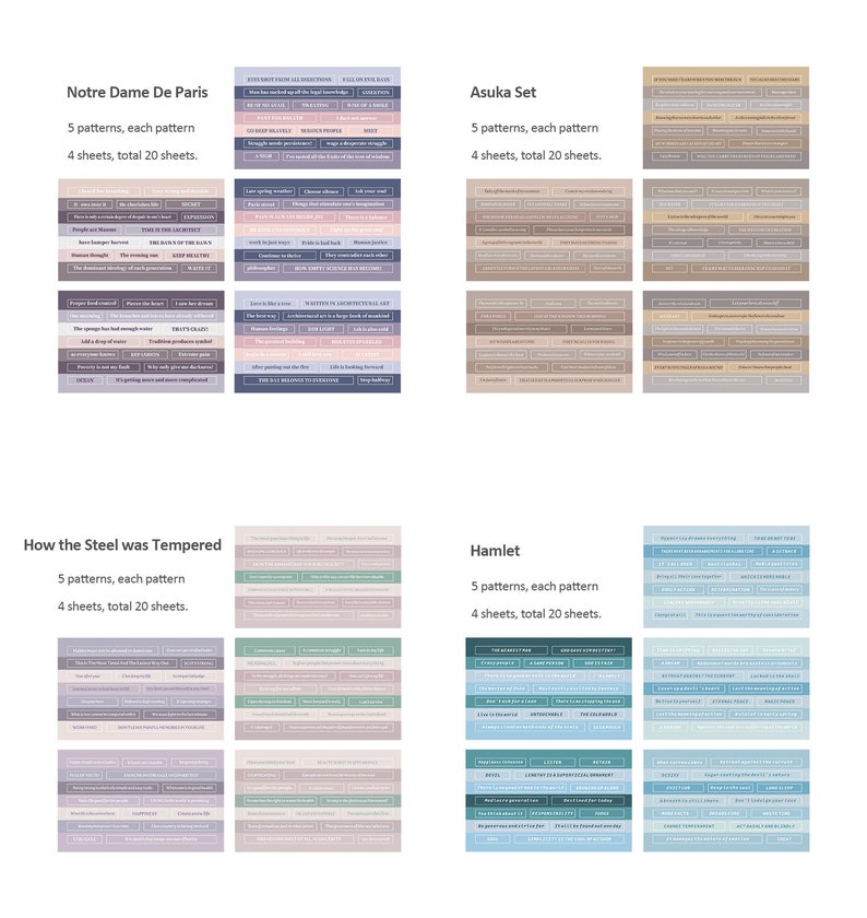 May include: A digital image showing four different sets of printable planner stickers. Each set has a different theme: Notre Dame De Paris, Asuka Set, How the Steel was Tempered, and Hamlet. Each set has five patterns, each pattern has four sheets, for a total of 20 sheets per set.