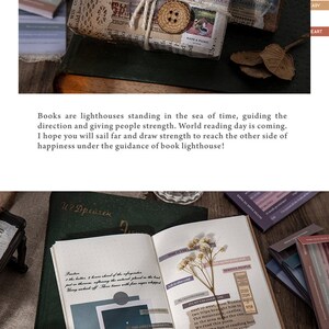 May include: A green journal with a white page open to reveal a photo of a mountain range under a starry sky. The journal is decorated with washi tape and stickers with text like "Time is the answer" and "Serious People".