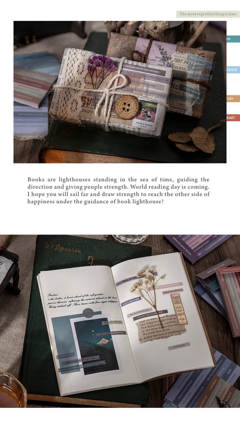 May include: A green journal with a white page open to reveal a photo of a mountain range under a starry sky. The journal is decorated with washi tape and stickers with text like "Time is the answer" and "Serious People".