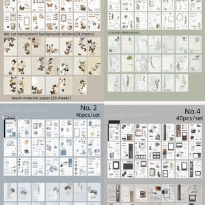 May include: Four sets of decorative stickers and washi tape for scrapbooking and journaling. Each set contains 40 pieces and features a different theme: butterflies, plants, moon phases, and film. The stickers are die-cut and transparent, while the washi tape is made of paper.