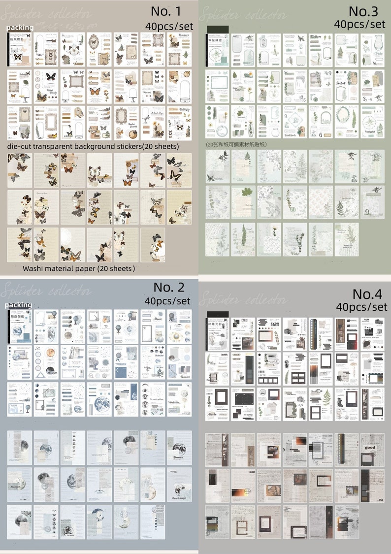 May include: Four sets of decorative stickers and washi tape for scrapbooking and journaling. Each set contains 40 pieces and features a different theme: butterflies, plants, moon phases, and film. The stickers are die-cut and transparent, while the washi tape is made of paper.