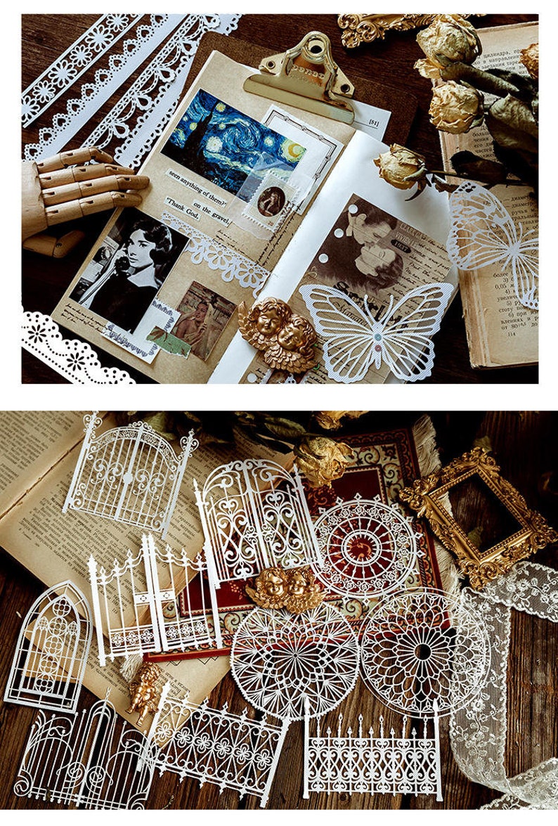 May include: A set of white paper die cuts featuring intricate designs of gates, fences, and circular patterns. The die cuts are arranged on a wooden surface with a book and other decorative elements.