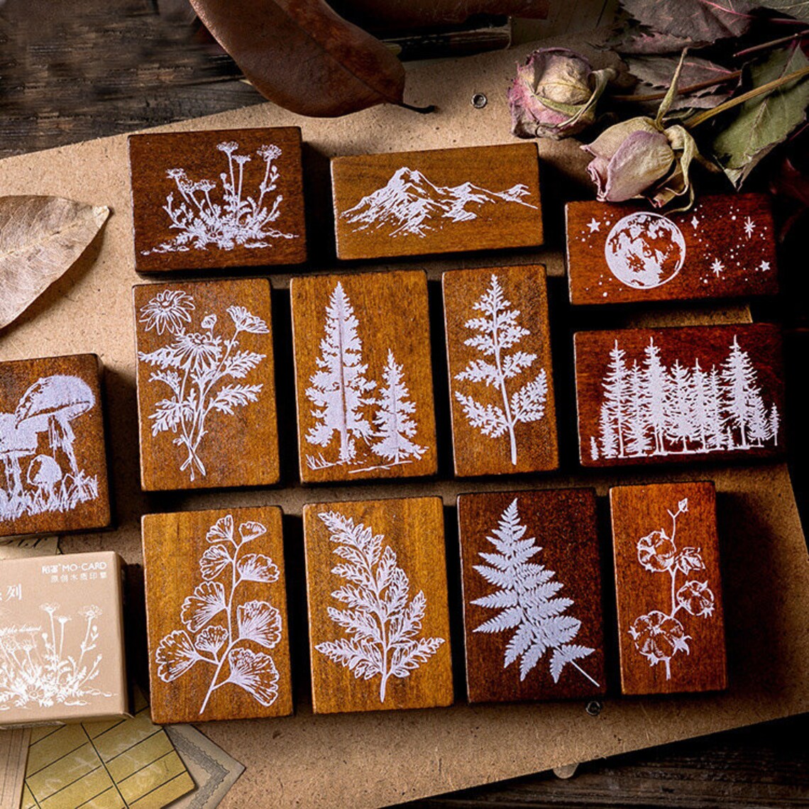 12 Color Jungle Wood Craft Rubber Stamps. Tree Stamp. Wood Etsy