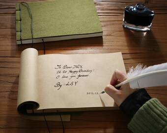 May include: A brown leather-bound journal with a handwritten message inside. The message reads "To Dear TQX 12.20 Happy Birthday! I love you forever. By: LSY 2015.12."