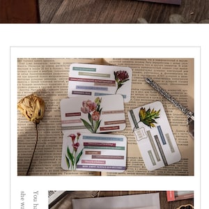 May include: A set of vintage-style floral stickers with botanical illustrations and inspirational quotes. The stickers feature a variety of flowers, including tulips, lilies, and roses, and include quotes such as "Goodbye Seat", "There is a Balance", and "How Empty Science Has Become".