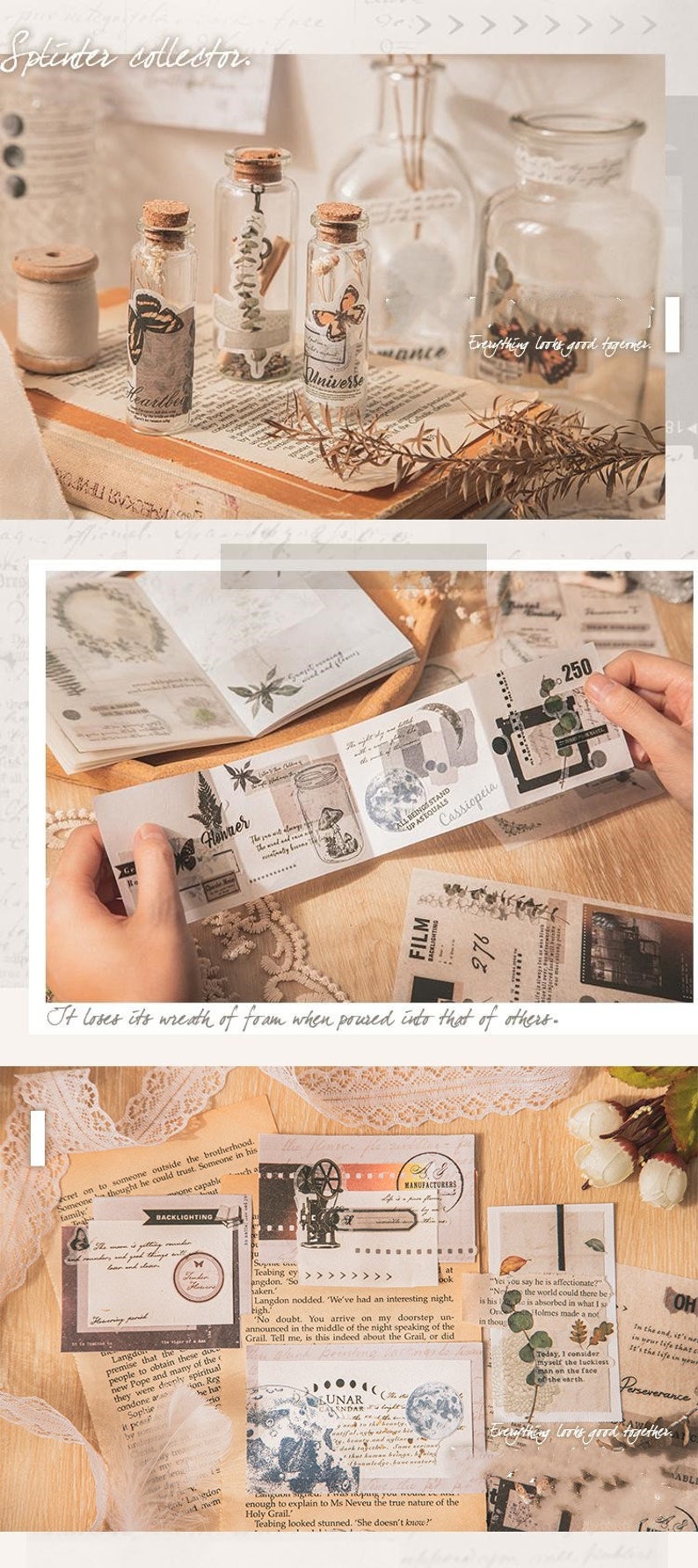 May include: A set of vintage-style decorative stickers with a botanical theme. The stickers feature illustrations of plants, flowers, and jars, with text such as "Universe", "Film", and "250".