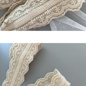 May include: Close-up of beige lace trim with a delicate floral pattern. The lace has a scalloped edge and is made of a soft, lightweight fabric.