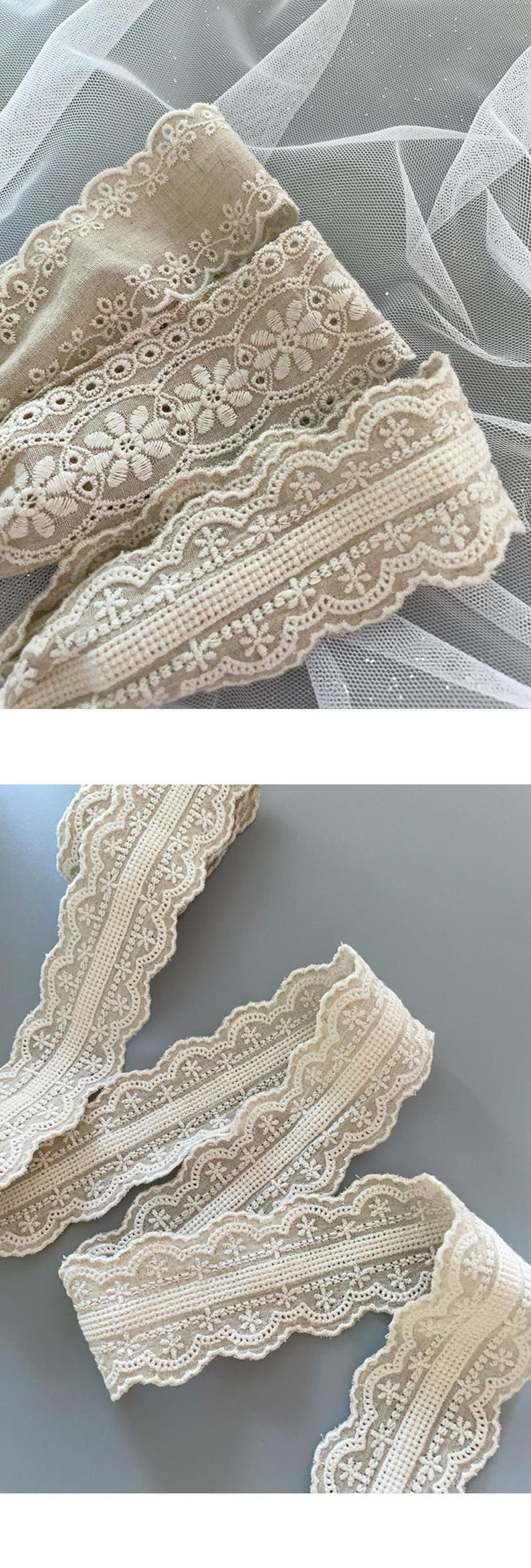 May include: Close-up of beige lace trim with a delicate floral pattern. The lace has a scalloped edge and is made of a soft, lightweight fabric.