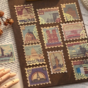 Pegatinas washi con manualidades con papel dorado, paquete de pegatinas vintage, 40 piezas de pegatinas de varios estilos para diario de viaje, álbum de recortes, decoración artística de bricolaje