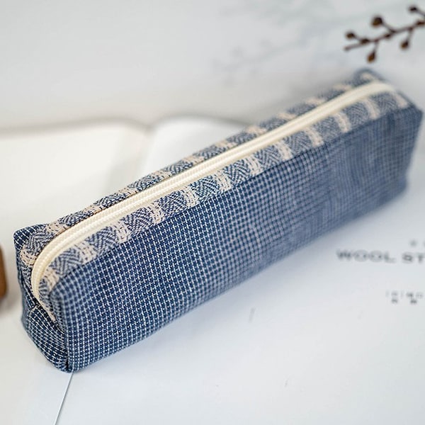 Dark Blue Plaid Pencil Bag Literary Fabric Zipper Pen Case Neutral Style Students' Stationery Set Linen Handmade Storage Bag Gift for Friend