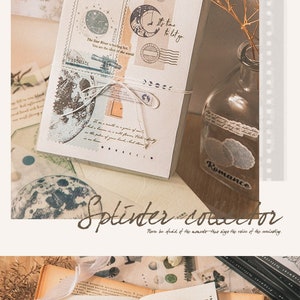 May include: A collection of vintage-style decorative stickers featuring a moon, stars, a butterfly, and a compass. The stickers are printed on white paper with a distressed, aged look. The stickers are perfect for adding a touch of whimsy and charm to journals, planners, and other paper crafts.