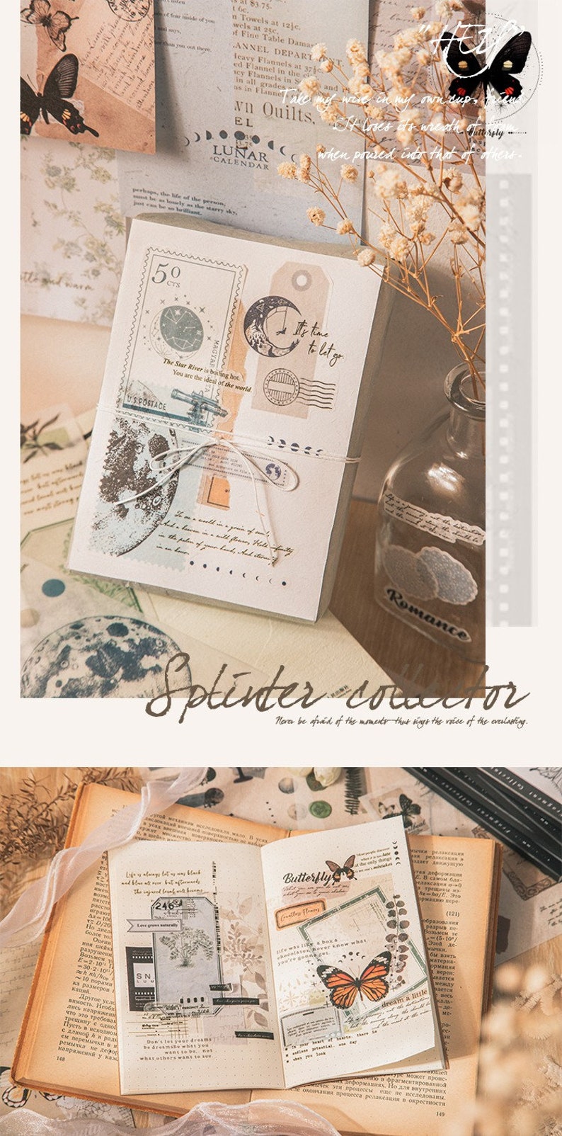 May include: A collection of vintage-style decorative stickers featuring a moon, stars, a butterfly, and a compass. The stickers are printed on white paper with a distressed, aged look. The stickers are perfect for adding a touch of whimsy and charm to journals, planners, and other paper crafts.