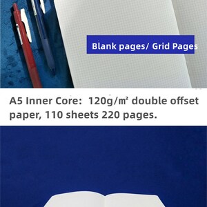 May include: A5 notebook with a blue and white patterned cover. The notebook has blank pages and grid pages. The notebook is made of 120gsm double offset paper and has 110 sheets (220 pages).