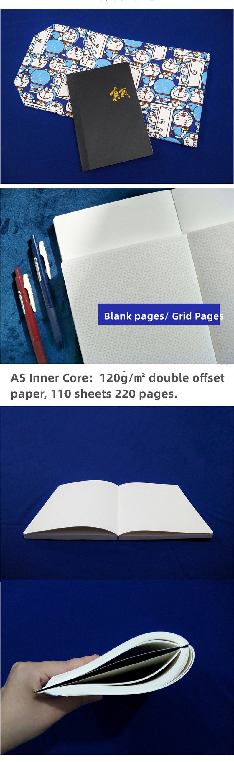 May include: A5 notebook with a blue and white patterned cover. The notebook has blank pages and grid pages. The notebook is made of 120gsm double offset paper and has 110 sheets (220 pages).