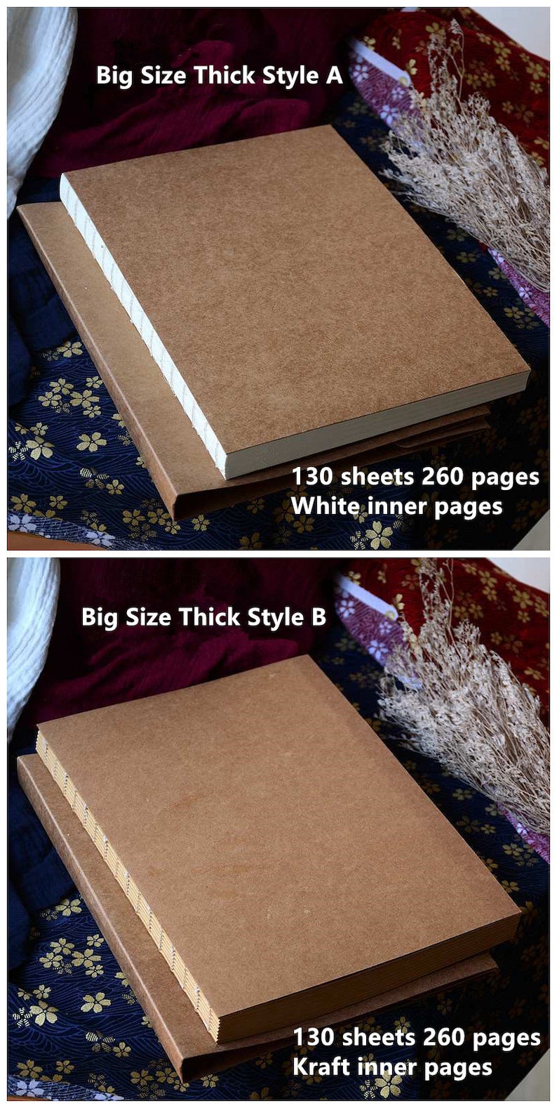 May include: Two brown notebooks with 130 sheets (260 pages) each. The top notebook has white inner pages and the bottom notebook has kraft inner pages. Both notebooks have a thick style and are big in size.