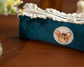 Embroidered Cat Corduroy Pencil Bag Peacock Green Zipper Pen Case Cute Lace Pencil Pouch School Accessories Fabric Wash Bag Girly Gift