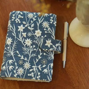 Denim Blue Floral Embroidery Notebook Cover | A5, A6, B6, Weeks Planner Lined Blank Grid | Thread-bound Loose-leaf Journal Sleeve Girl Gift