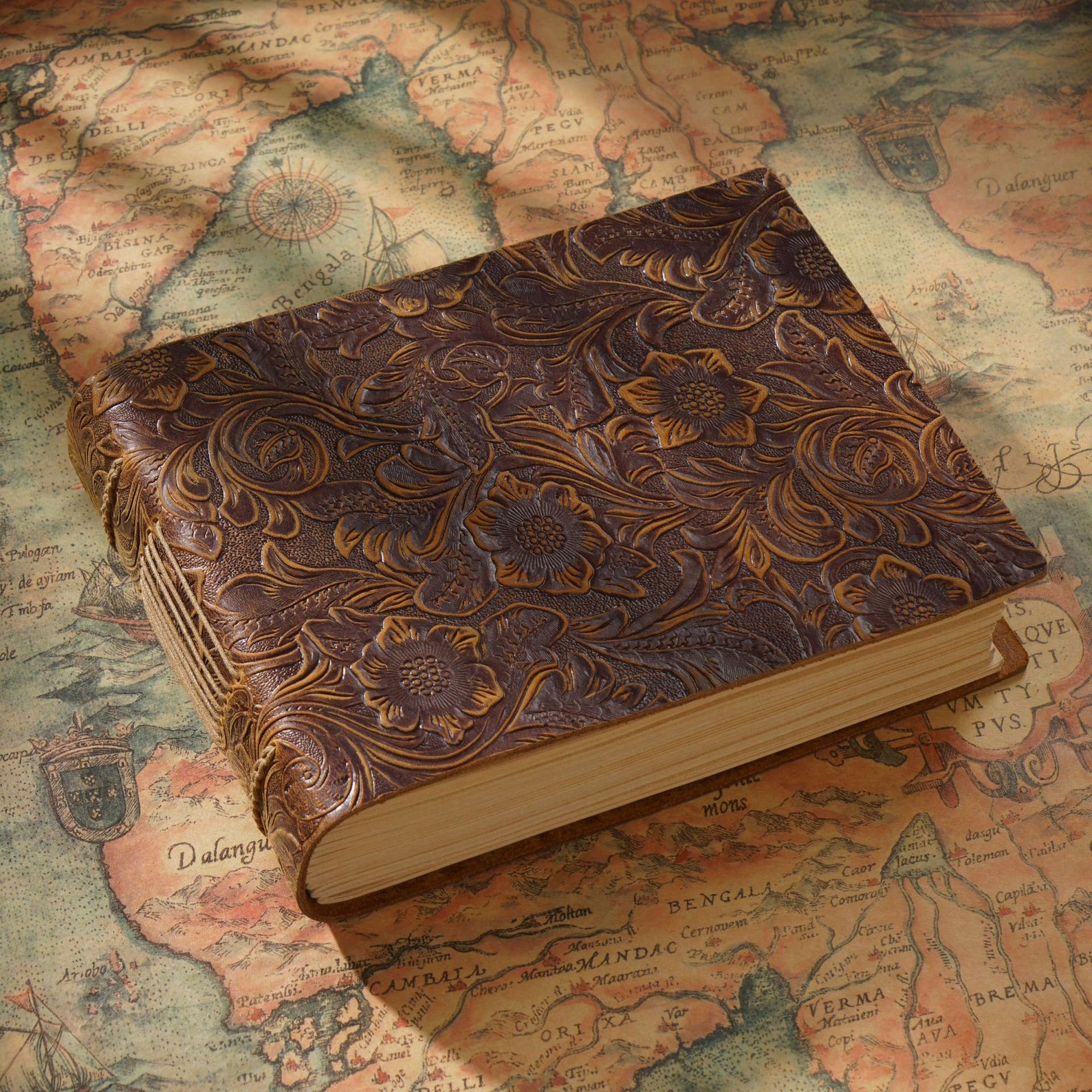 Antique Dark Brown Leather Journal Flower Engraved Notebook Handmade ...