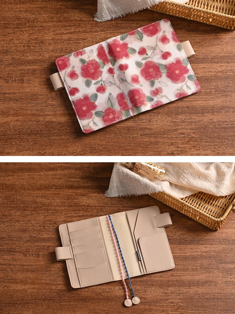 Retro Rose Handmade Notebook Journal Cover A6 A5 B6 Weeks Book Planner Cover Leather Interior for Hobonichi Midori with Pen Loop & Pockets image 8