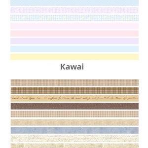 May include: A collection of decorative washi tapes with various patterns and colors. The tapes feature designs such as stars, polka dots, stripes, and plaid. The tapes are labeled "Kawai" and "Vantage".