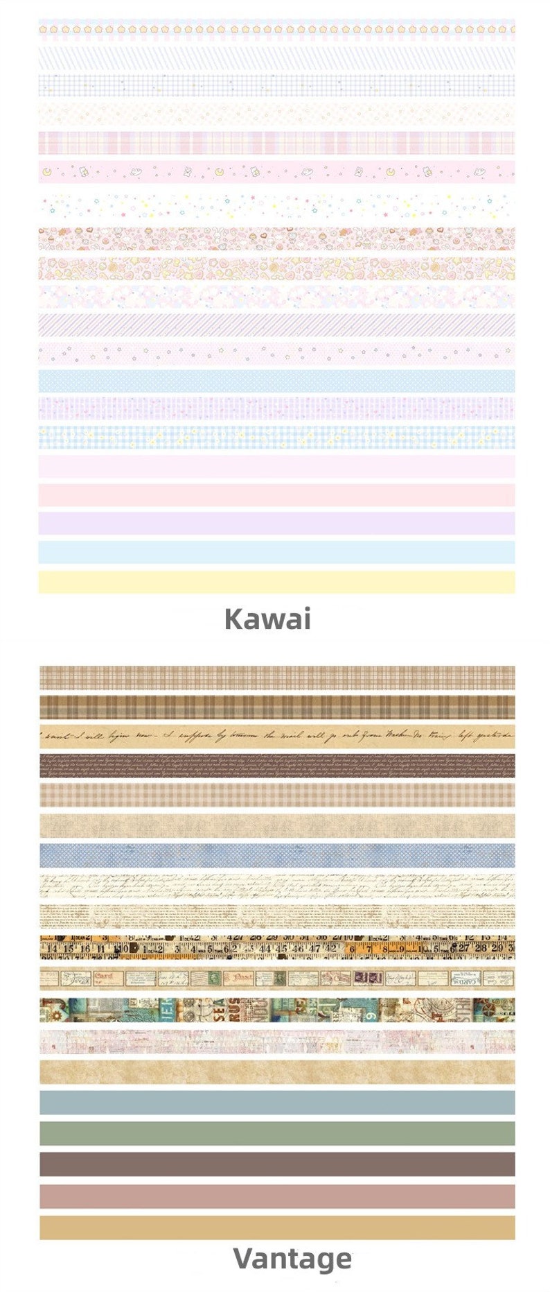 May include: A collection of decorative washi tapes with various patterns and colors. The tapes feature designs such as stars, polka dots, stripes, and plaid. The tapes are labeled "Kawai" and "Vantage".