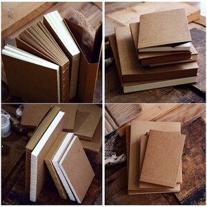 May include: A set of four brown kraft paper notebooks with different sizes and binding styles. The notebooks have a simple, rustic aesthetic and are perfect for journaling, sketching, or taking notes.