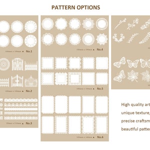 May include: A sheet of white paper with eight different patterns of lace, gates, and floral designs. The paper is 300mm x 100mm and is labeled with numbers 1 through 8. The text "High quality art paper, unique texture, precise craftsmanship, and beautiful patterns" is at the bottom of the sheet.