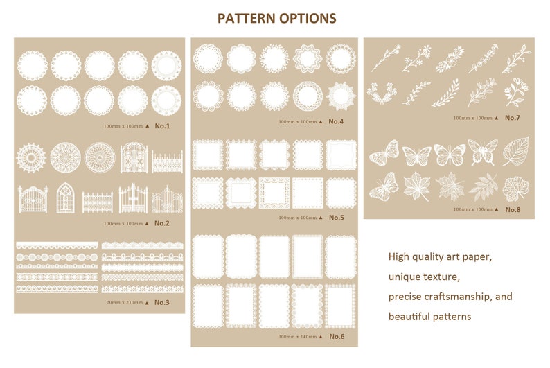 May include: A sheet of white paper with eight different patterns of lace, gates, and floral designs. The paper is 300mm x 100mm and is labeled with numbers 1 through 8. The text "High quality art paper, unique texture, precise craftsmanship, and beautiful patterns" is at the bottom of the sheet.