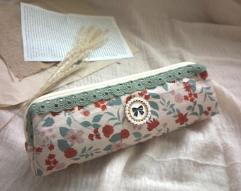 Estuche de tela con encaje y lazo floral con cremallera para lápices, estuche para bolígrafos, estuche para lápices, estuche para papelería para estudiantes, estuche de maquillaje, estuche de algodón con cremallera, regalo para ella