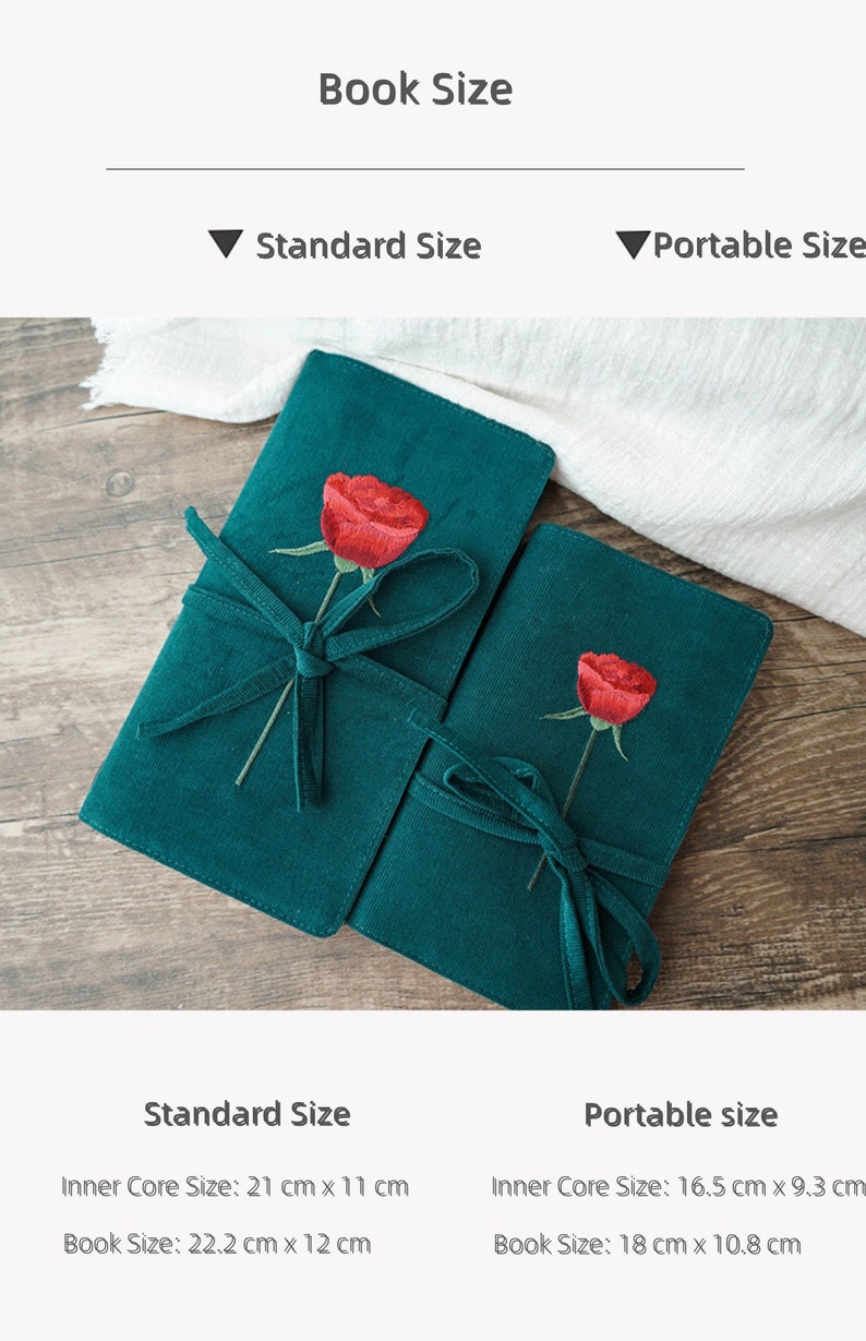 May include: Two green fabric journals with embroidered red roses and tied with green ribbon. The larger journal measures 22.2 inches by 12 inches and the smaller journal measures 18 inches by 10.8 inches.