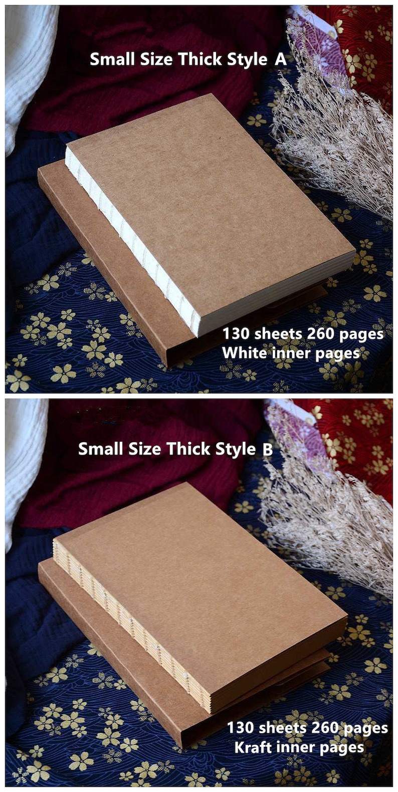 May include: Two brown notebooks with 130 sheets and 260 pages. The top notebook has white inner pages and the bottom notebook has kraft inner pages.